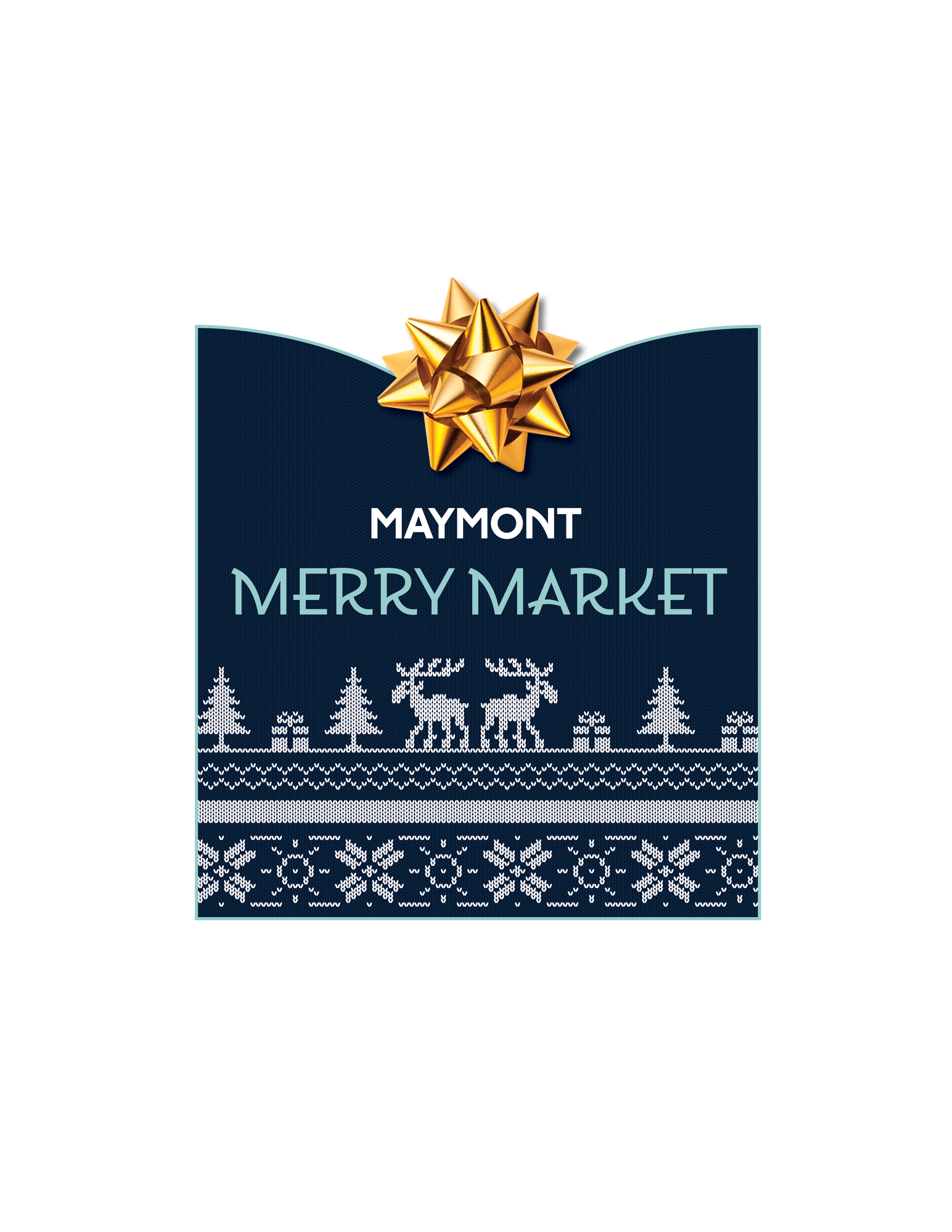 Maymont Merry Market logo with blue background, white and light blue text and a golden gift bow