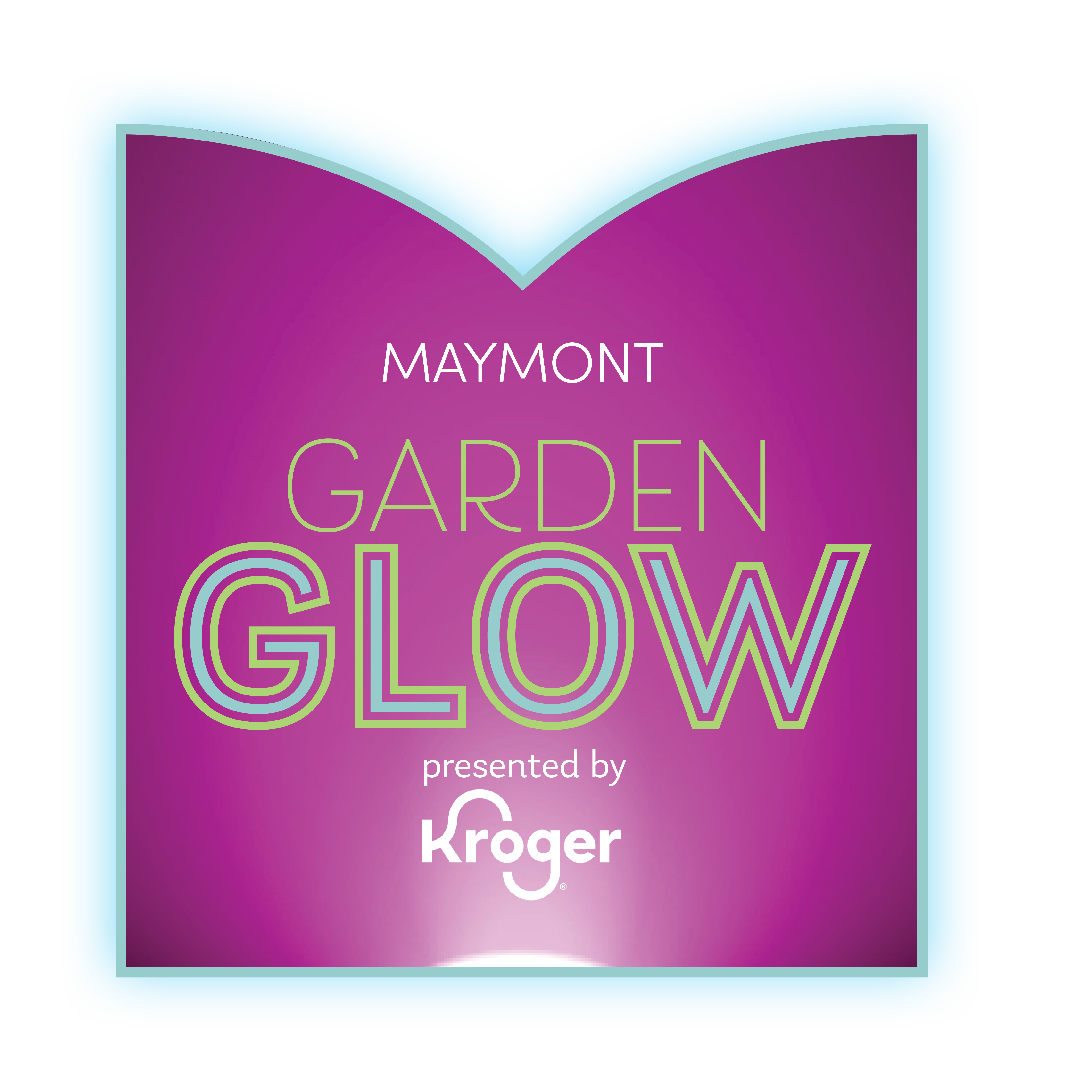Maymont Garden Glow presented by Kroger logo with hot pink background and illuminated graphics in the M shape of Maymont's logo