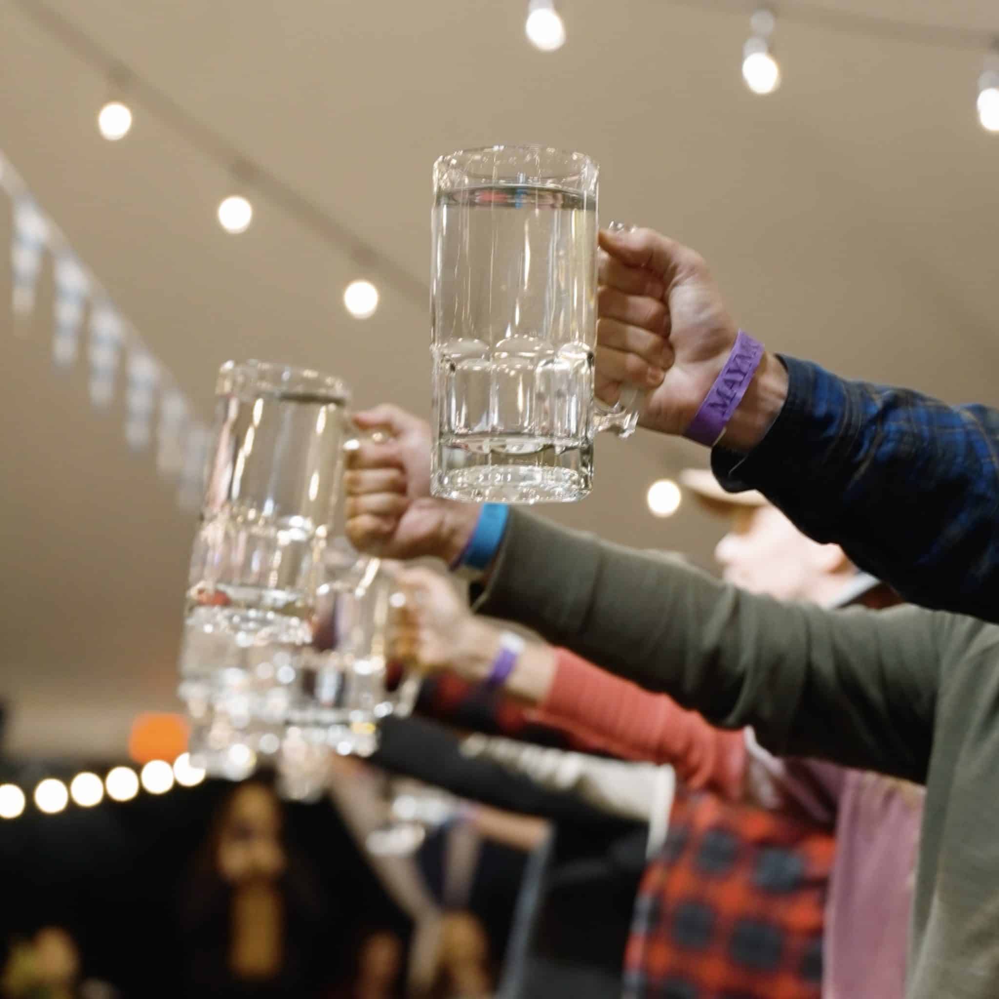 Arms raised in a line holding steins full of water, under a festival tent with lights in the background